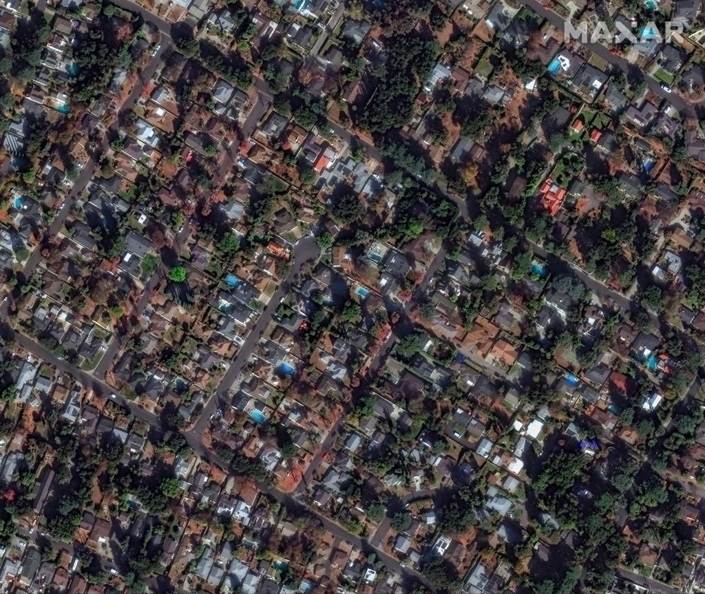 A satellite image of homes and a neighborhood in Altadena, California, on Jan. 6, 2025.