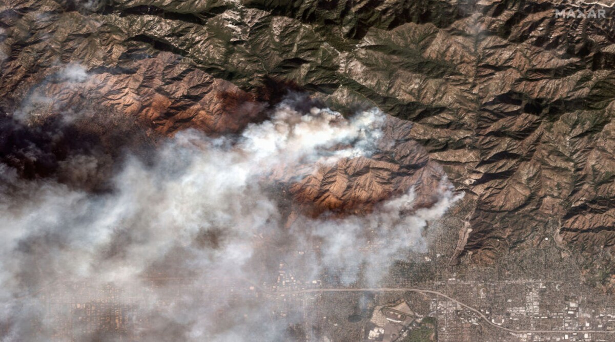 Maxar overview satellite imagery of the Eaton Fire in Arcadia, California on Jan. 8, 2025.