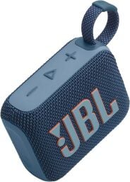 blue jbl go 4 portable speaker against a white background