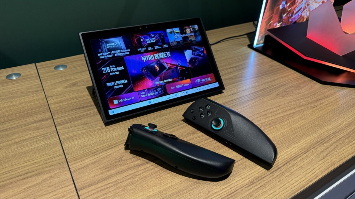 the acer nitro blaze 11 in tabletop mode with its controllers