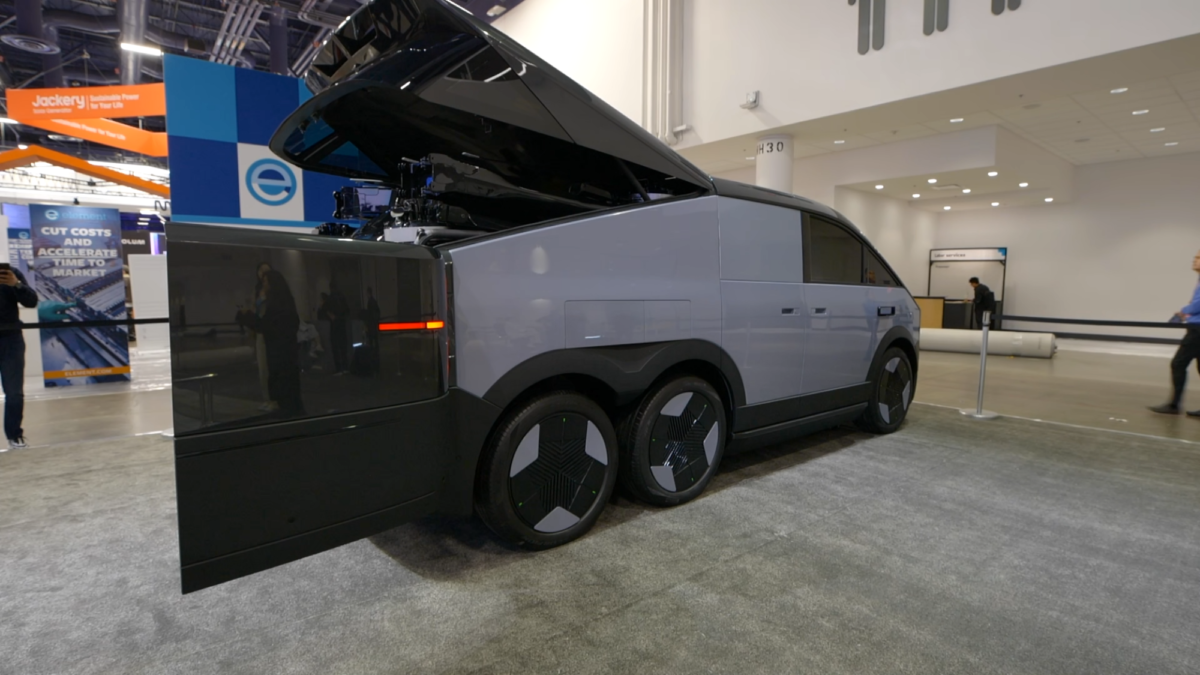 XPENG's Mothership vehicle seen at CES, with the boot open.