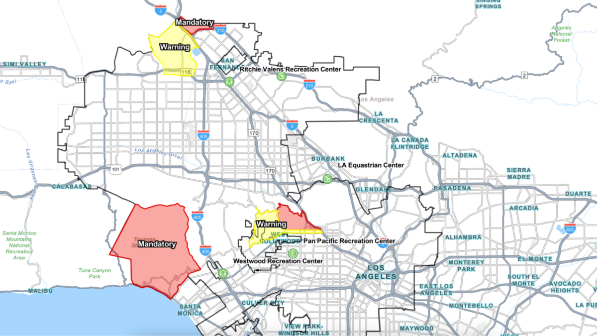 A map of Los Angeles showing areas under evacuation orders.