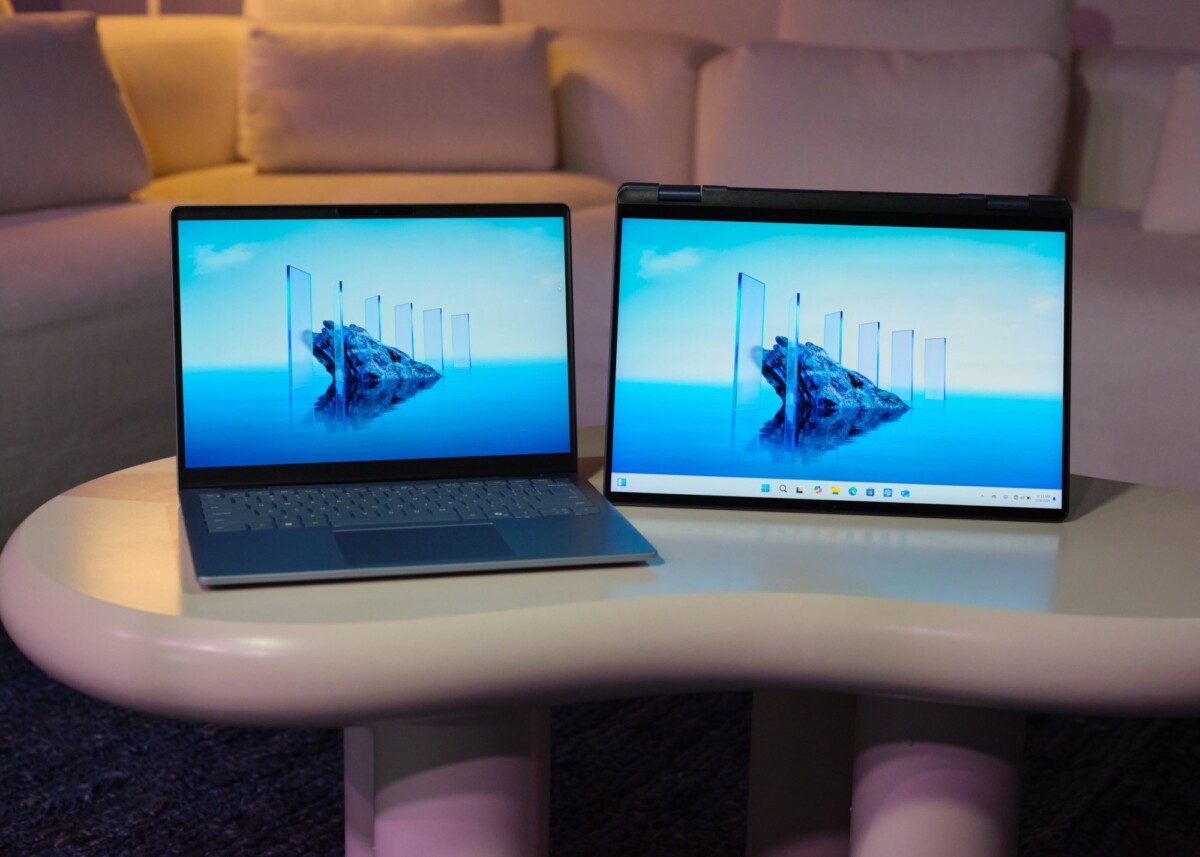 the dell plus 14 and dell plus 16 2-in-1 on a coffee table