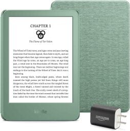 matcha colored kindle with a matcha colored case behind it and a power adapter next to it against a white background