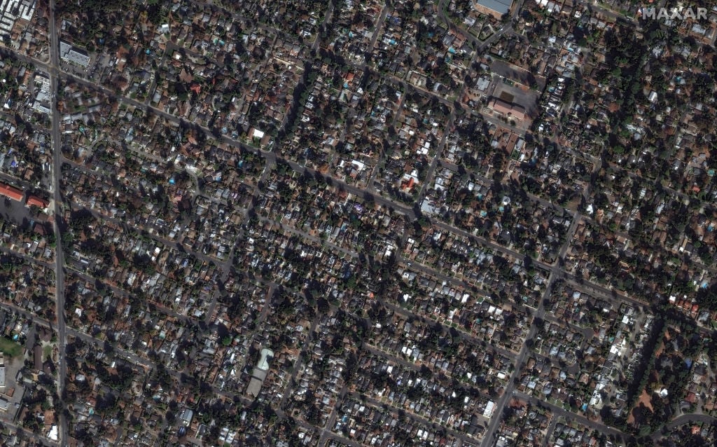 Satellite image of homes and an entire neighborhood near Fair Oaks Avenue in Altadena, California on Jan. 6, 2025.