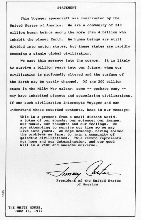 A scan of a typed statement by President Jimmy Carter included on NASA's Voyager spacecraft