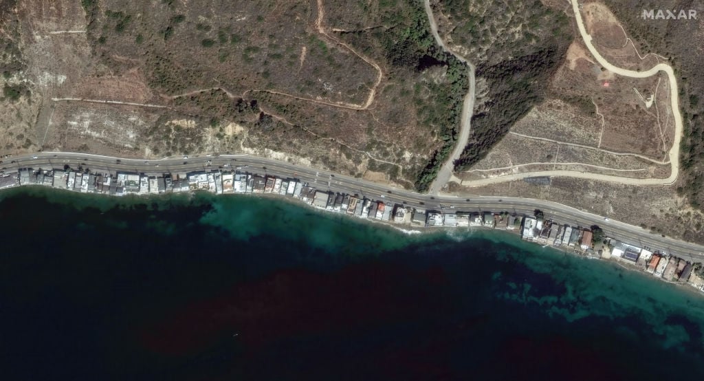 Satellite image of buildings along the Pacific Coast Highway, Tuna Canyon, Palisades, California on Oct. 20, 2024.