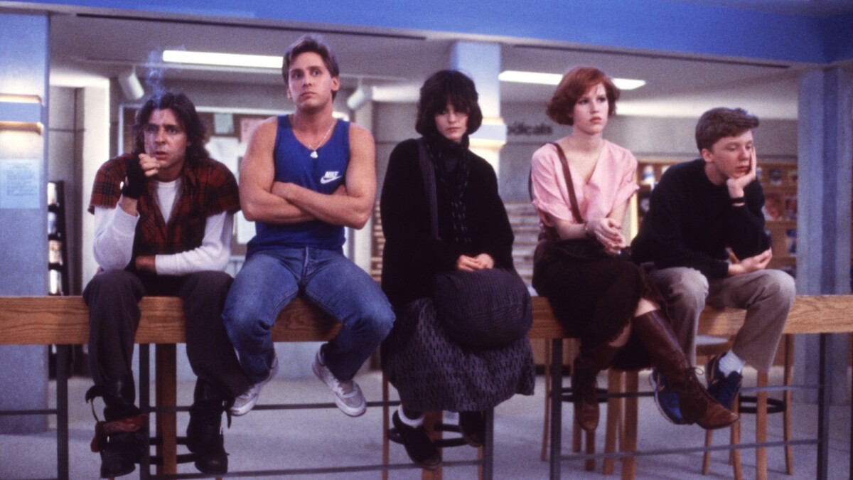 Judd Nelson, Emilio Estevez, Ally Sheedy, Molly Ringwald, Anthony Michael Hall star in "The Breakfast Club." 